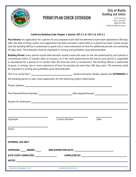 First page of the Permit/Plan Check Extension