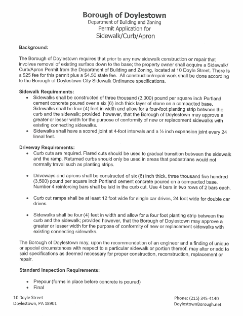 First page of the Permit Application for Sidewalk, Curb, or Apron