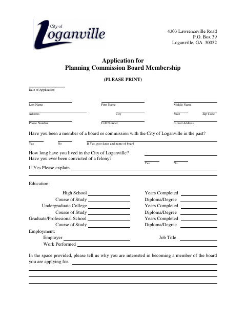 First page of the Planning Commission Board Membership Application