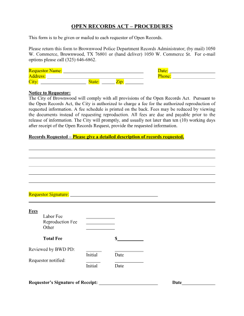 First page of the Police Department Open Records Request