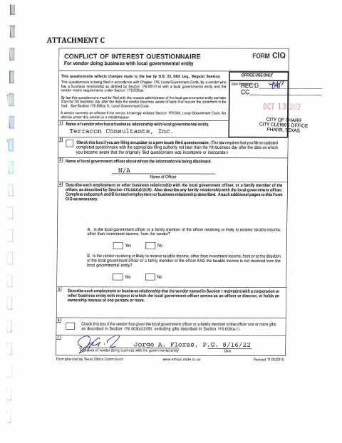 First page of the Vendor Conflict of Interest Questionnaire
