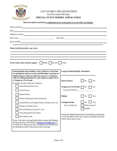 First page of the Special Event Permit Application