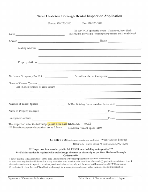 First page of the Rental Inspection Application