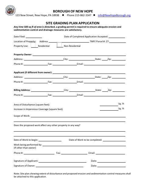 First page of the Site Grading Plan Application