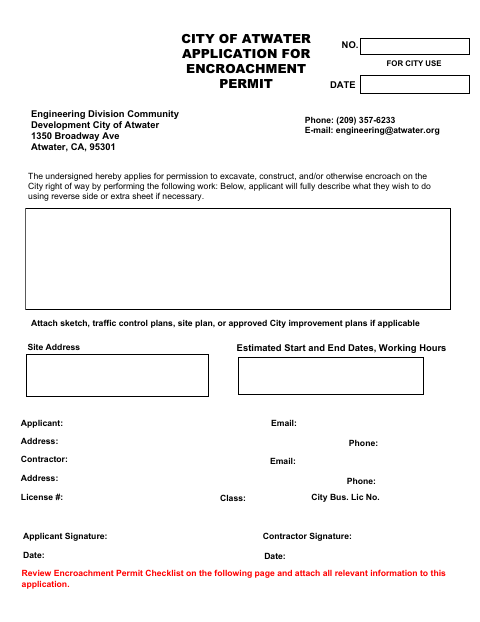 First page of the Encroachment Permit Application