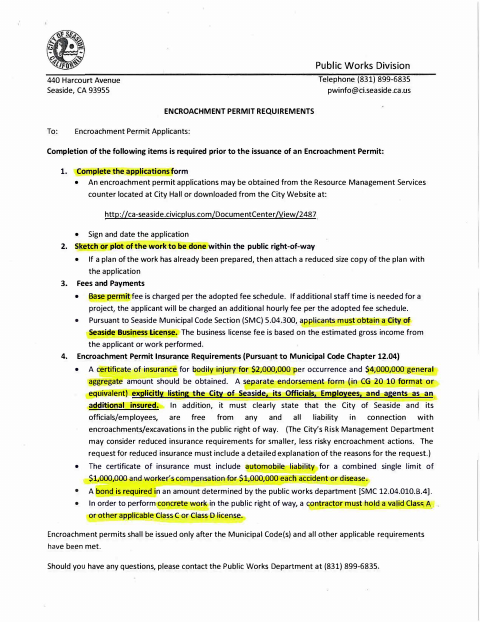 First page of the Encroachment Permit Application and Requirements