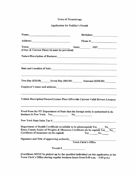 First page of the Peddler’s Permit Application