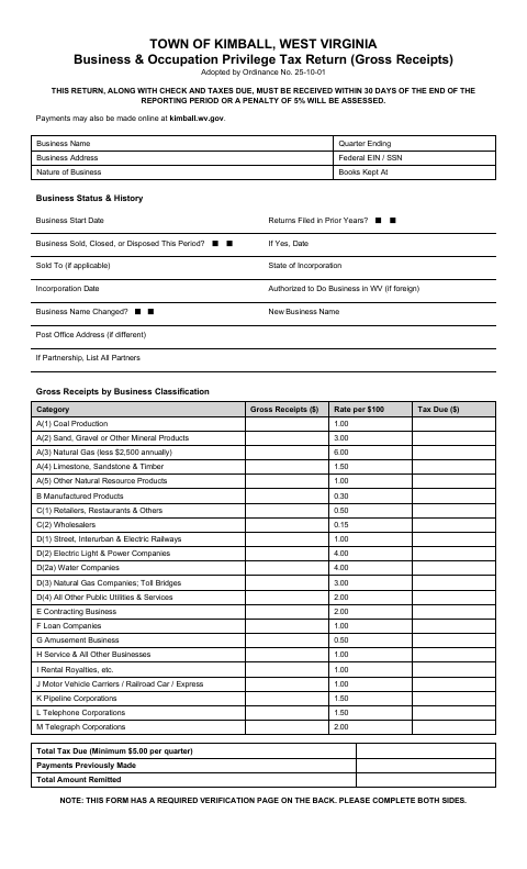 First page of the Business & Occupation Privilege Tax Return