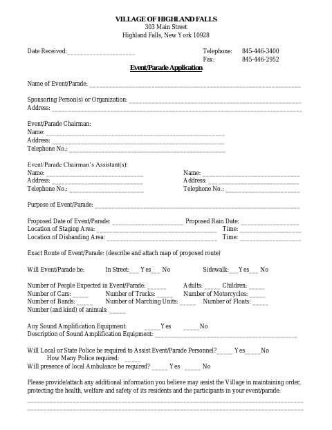 First page of the Event/Parade Application