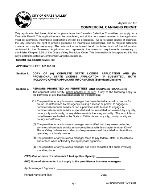 First page of the Commercial Cannabis Permit Application