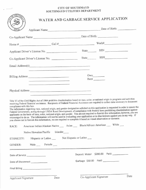 First page of the Water and Garbage Service Application