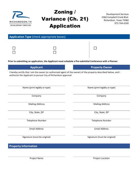 First page of the Zoning / Variance (Ch. 21) Application