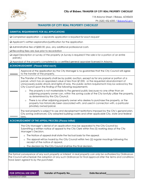 First page of the Transfer of City Real Property Checklist