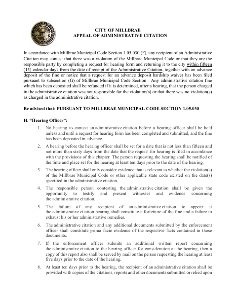 First page of the Appeal of Administrative Citation