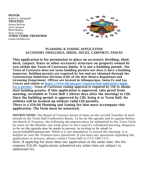First page of the Planning and Zoning Application for Accessory Structures