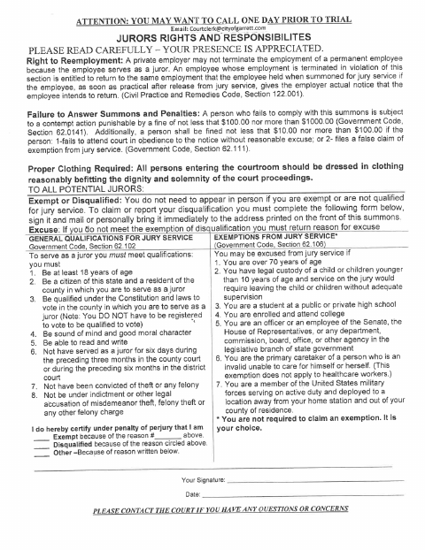 First page of the Jury Qualifications and Exemptions