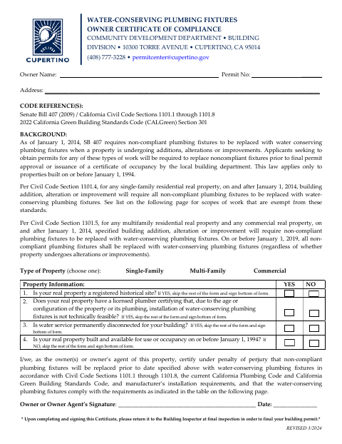 First page of the Water-Conserving Plumbing Fixtures Owner Certificate of Compliance