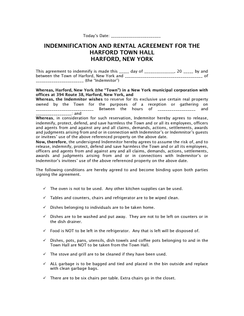 First page of the Indemnification and Rental Agreement