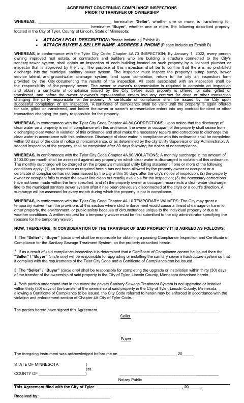 First page of the Property Transfer Compliance Inspection Agreement