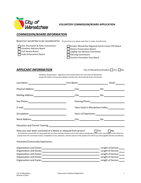 First page of the Volunteer Commission/Board Application