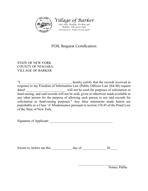First page of the FOIL Request Certification