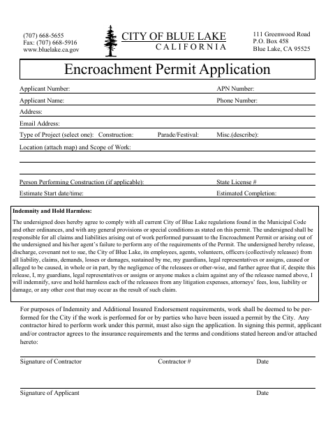 First page of the Encroachment Permit Application