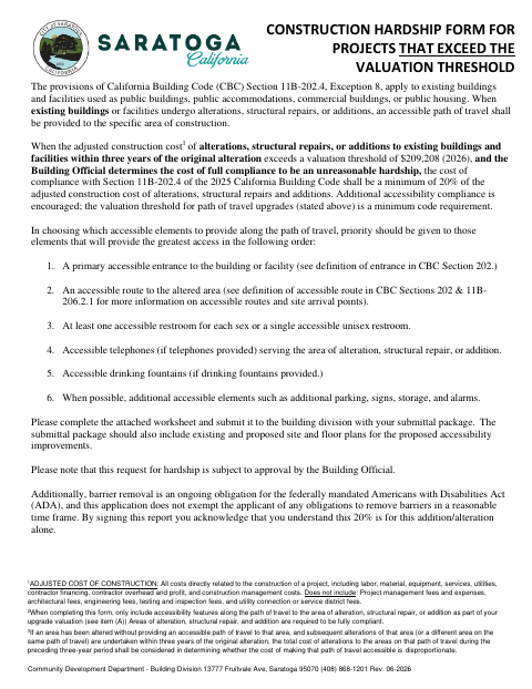 First page of the Construction Hardship Form for Projects That Exceed the Valuation Threshold