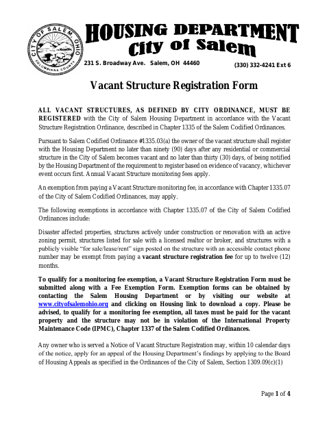 First page of the Vacant Structure Registration Form