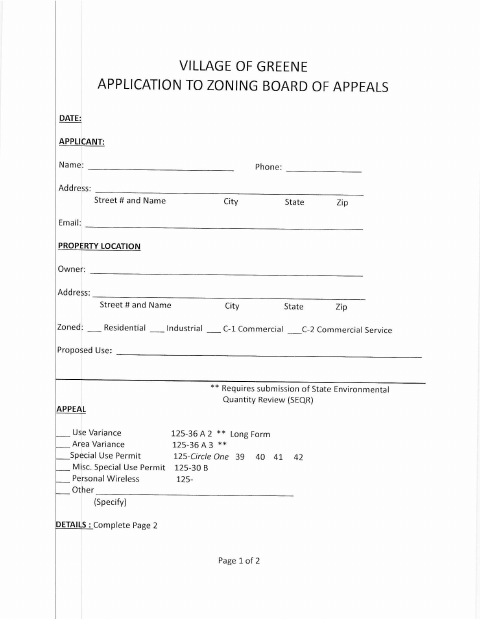 First page of the Application to Zoning Board of Appeals