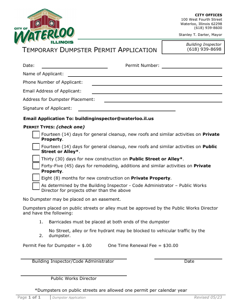First page of the Temporary Dumpster Permit Application