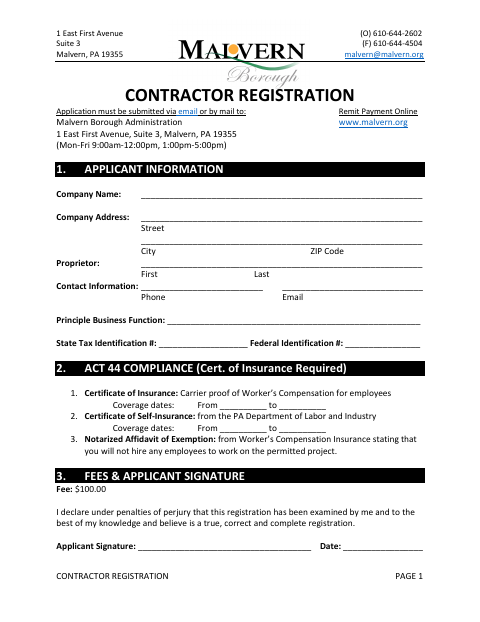 First page of the Contractor Registration