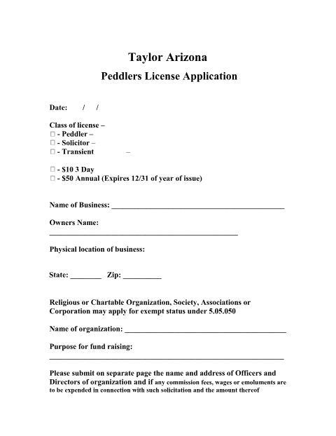 First page of the Peddlers License Application