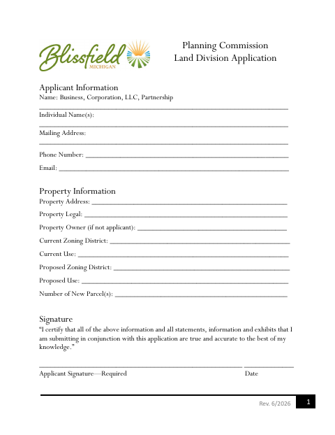 First page of the Land Division Application