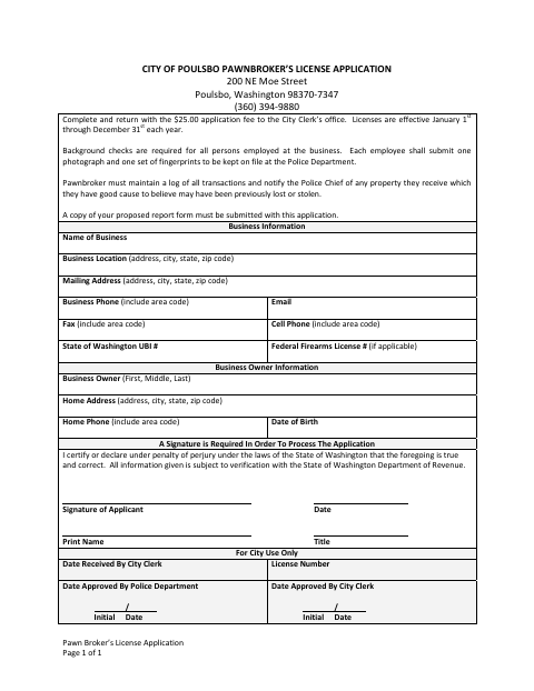 First page of the Pawnbroker’s License Application