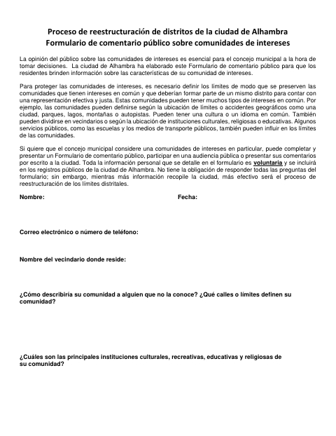 First page of the Public Comment Form for Communities of Interest