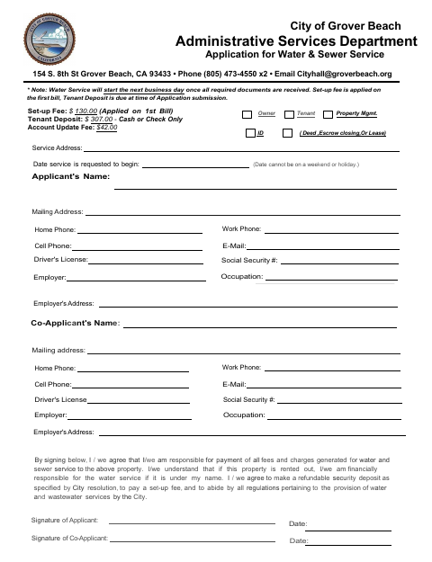 First page of the Application for Water & Sewer Service