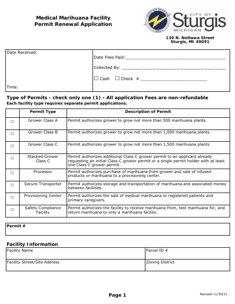 First page of the Medical Marihuana Facility Permit Renewal Application