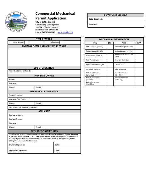 First page of the Commercial Mechanical Permit Application