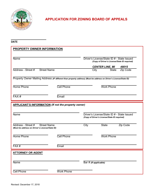 First page of the Zoning Board of Appeals Application