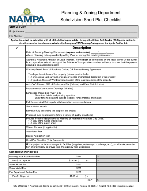 First page of the Subdivision Short Plat Checklist