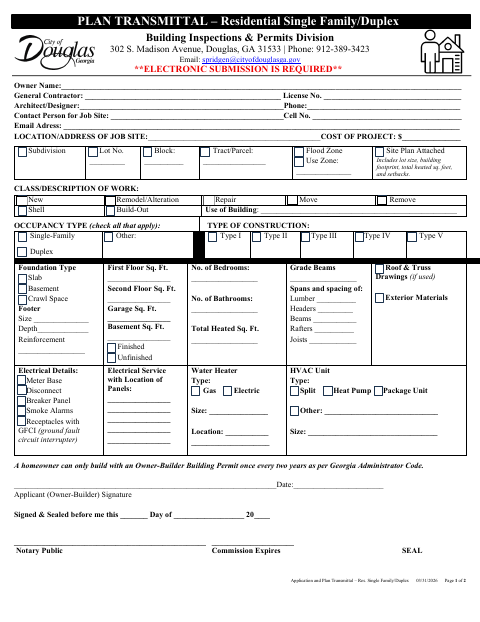 First page of the Residential Single-Family And Duplex Plan Transmittal