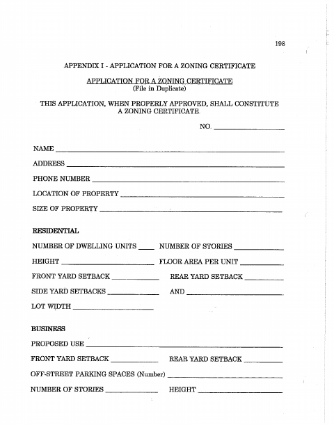 First page of the Zoning Certificate Application