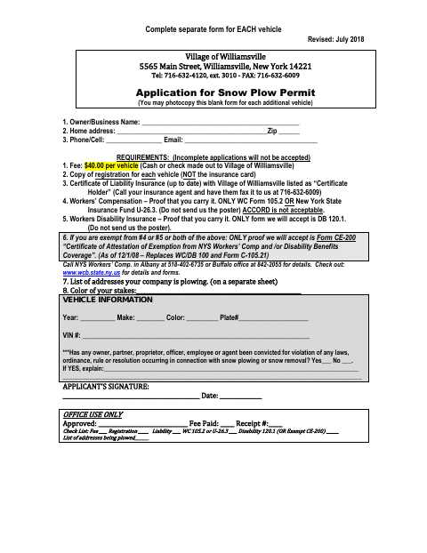 First page of the Application for Snow Plow Permit