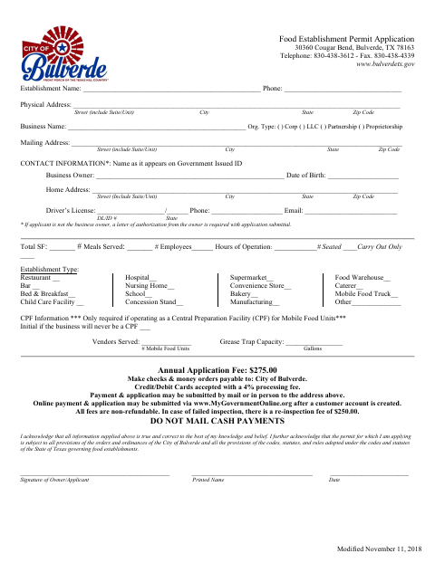 First page of the Food Establishment Permit Application