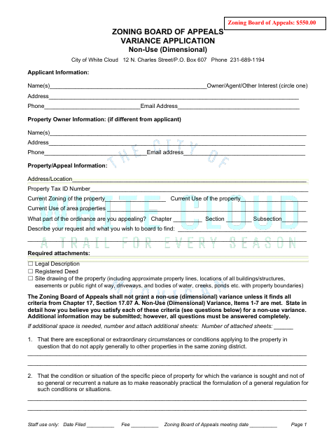 First page of the Zoning Board of Appeals Non-Use (Dimensional) Variance Application