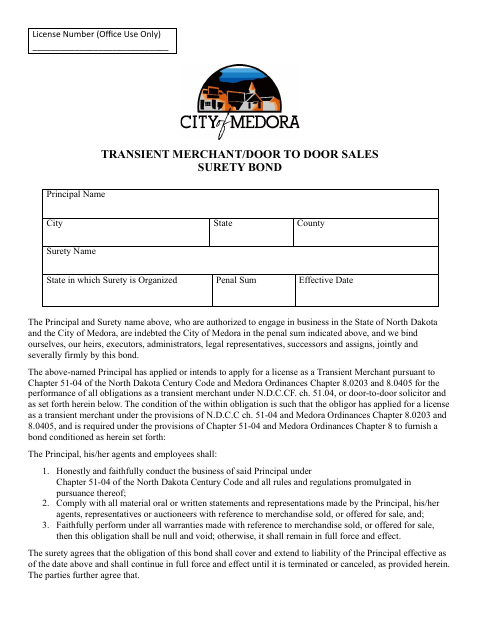First page of the Transient Merchant/ Door-to-Door Sales Surety Bond