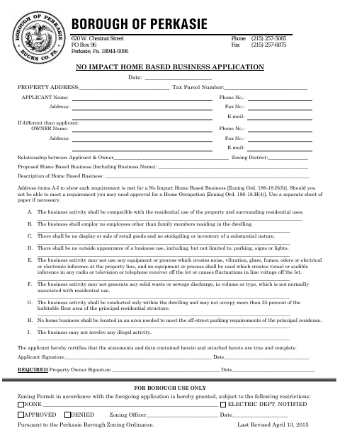 First page of the No Impact Home Based Business Application