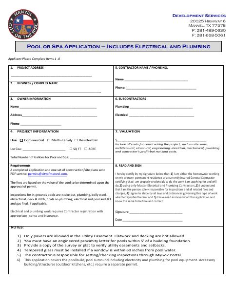 First page of the Pool or Spa Application – Includes Electrical and Plumbing