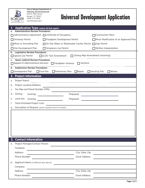 First page of the Universal Development Application