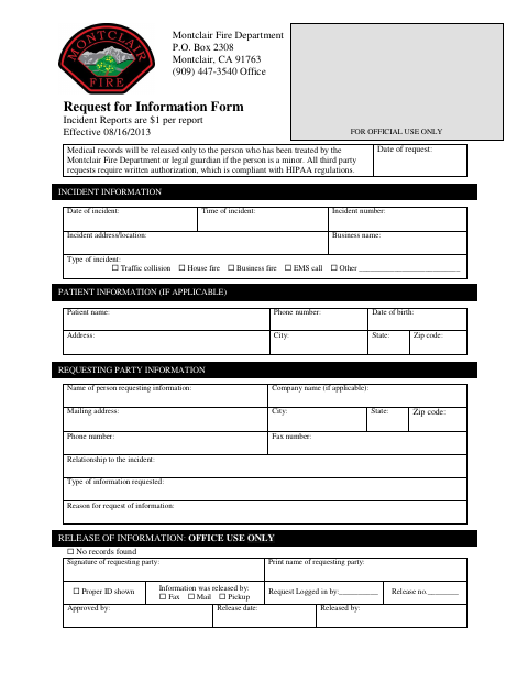 First page of the Request for Information Form